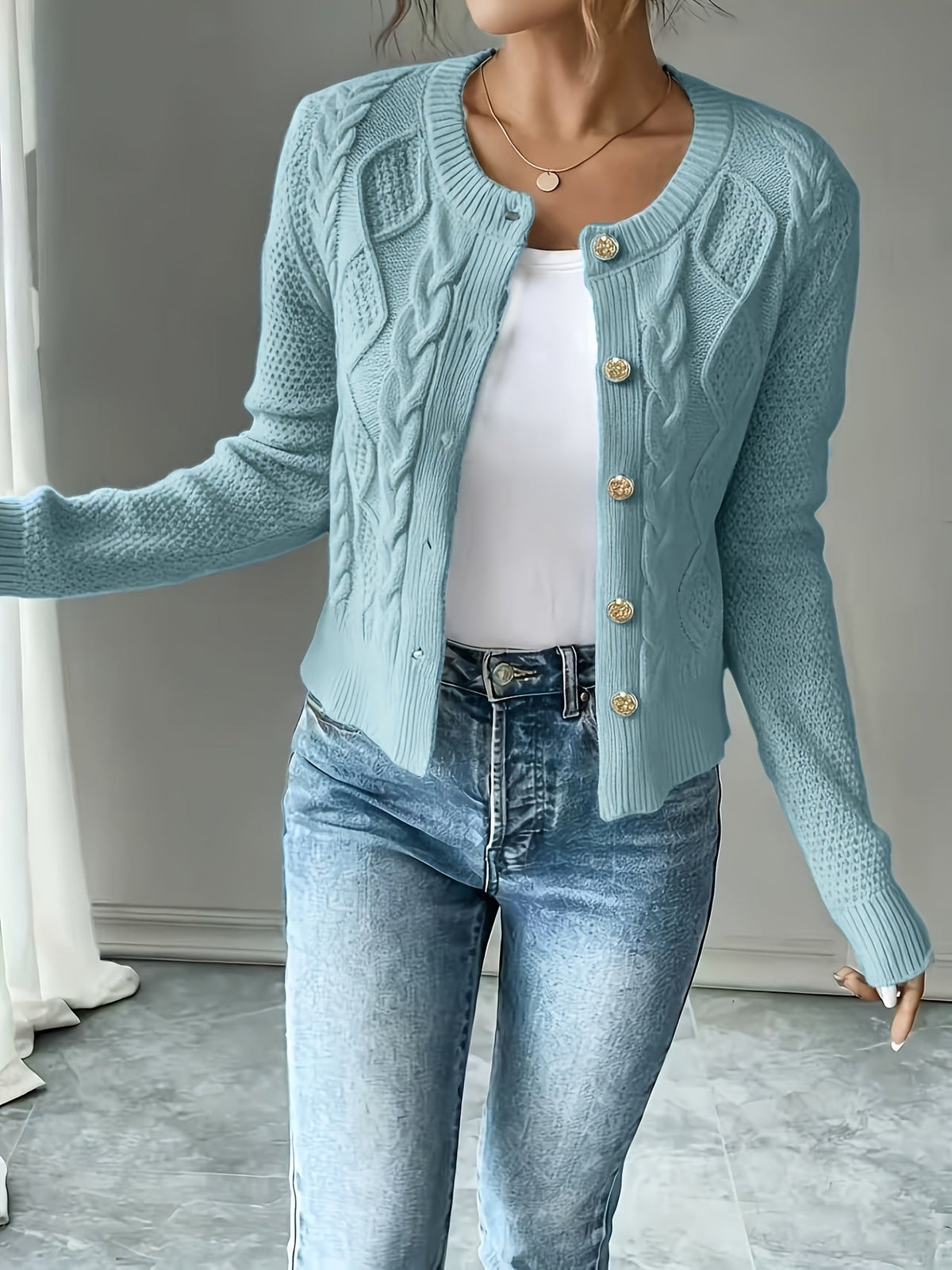 Damen Kabelstrick Strickjacke Knöpfe - Image 13
