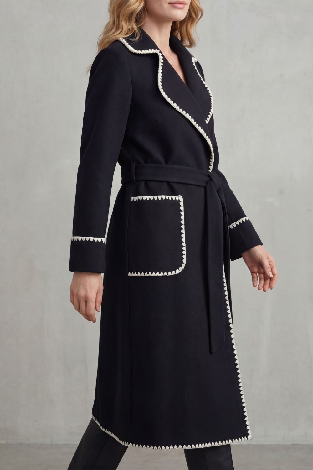 Damen Langmantel Gürtelmantel Longline Kontrastbesatz - Image 3