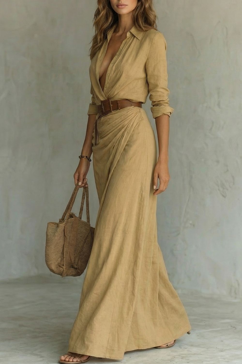 Damen Maxikleid mit Knopfleiste Wickelkleid lang Gürtel - Image 3