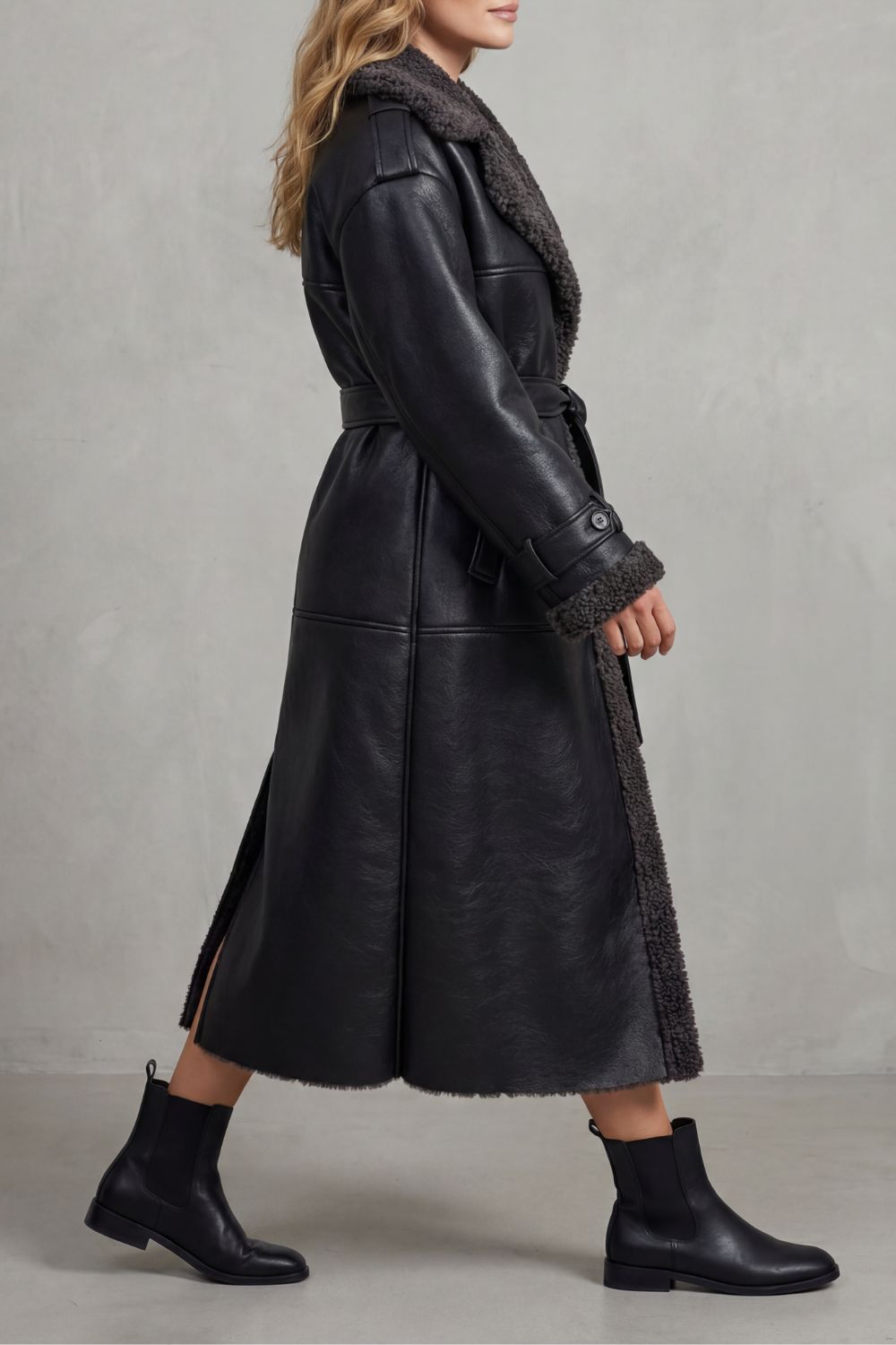 Damen Oversized Lammfellmantel Shearling Gürtel Schwarz - Image 3
