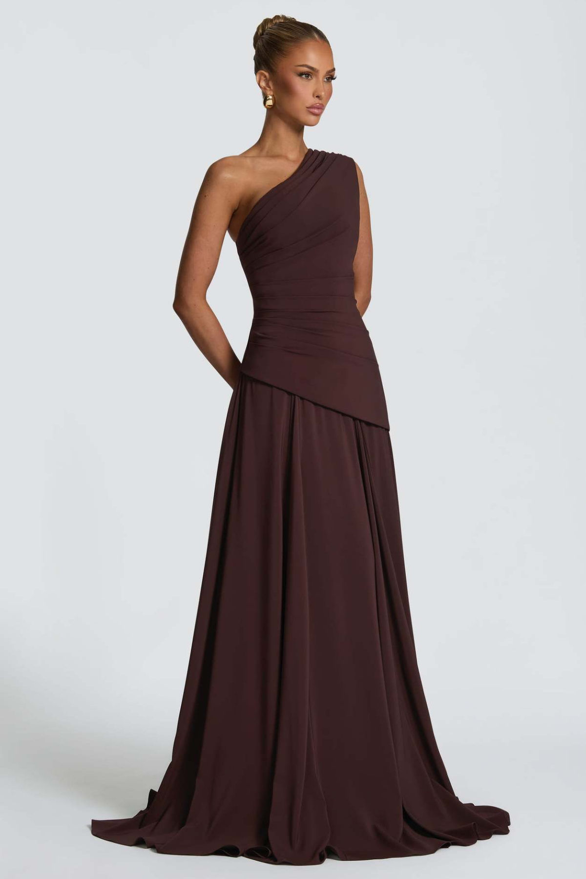 Damen Maxikleid One-Shoulder Drapiert Lang - Image 3