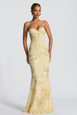 Damen Maxikleid figurbetont Blumenstickerei Spaghettiträger