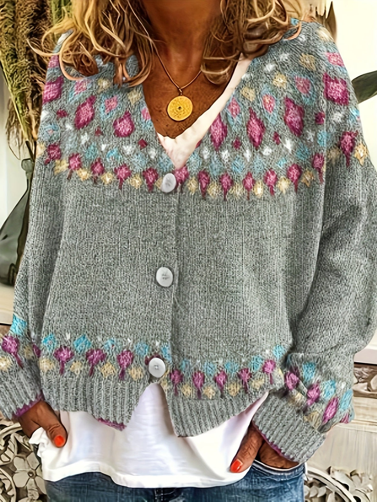 Damen Boho Strickjacke Bestickter Cardigan V-Ausschnitt - Image 3