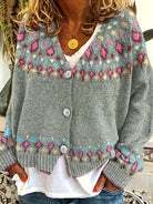 Damen Boho Strickjacke Bestickter Cardigan V-Ausschnitt - Image 3