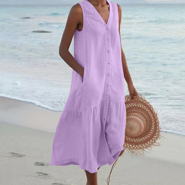 Damen Sommerkleid V-Ausschnitt Midi ärmellos Knopfleiste - Image 7