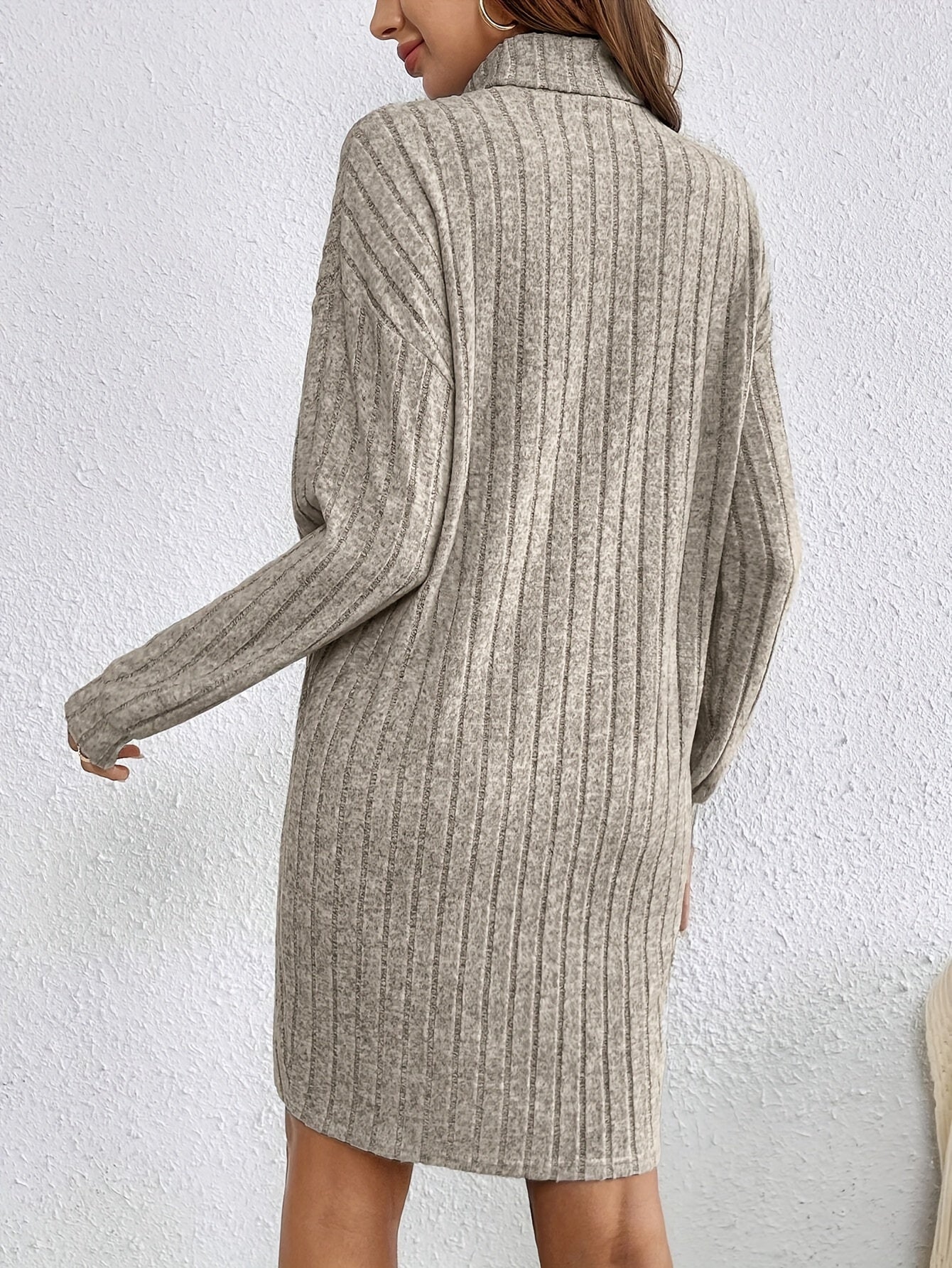 Damen Strickkleid gerippt Pulloverkleid Midi Langarm Winter - Image 3