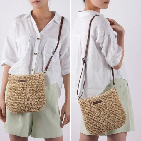 Damen Stroh Schultertasche Vegane Lederriemen Umhängetasche - Image 3