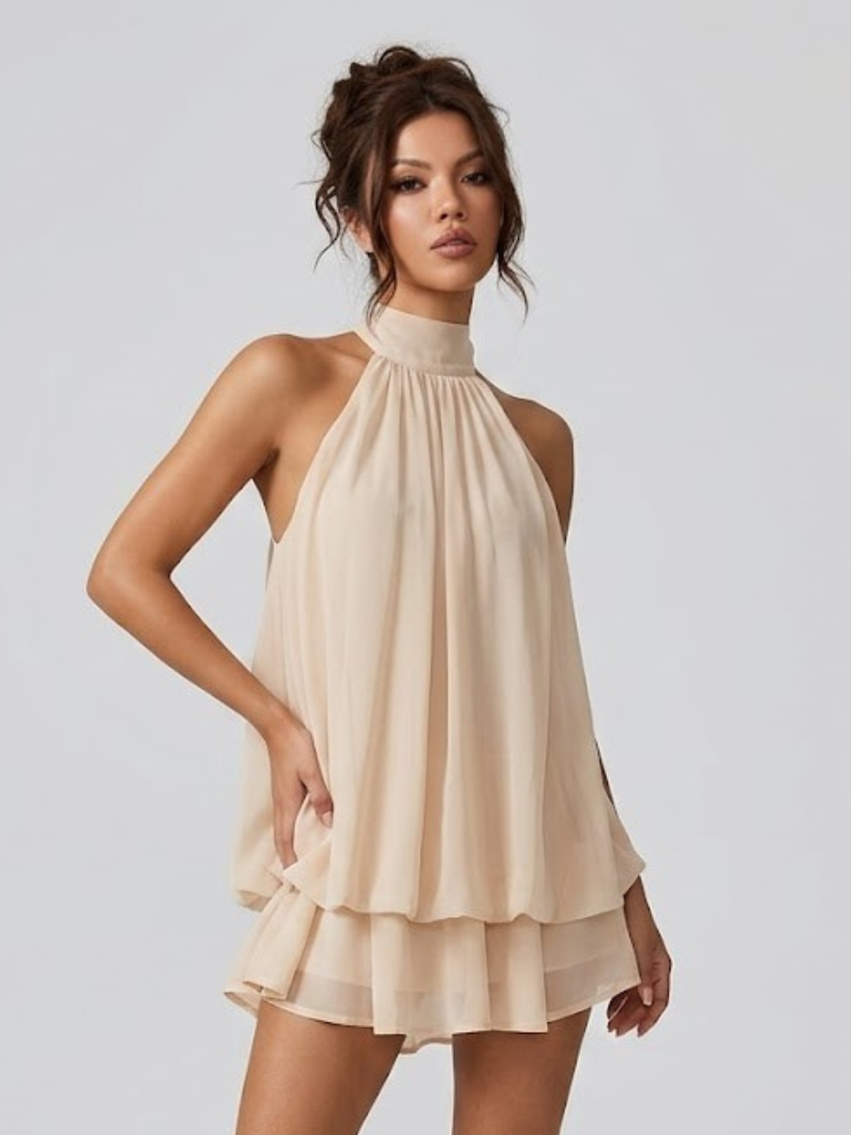Damen Minikleid Neckholder Rückenfrei Stufenrüschen - Image 3