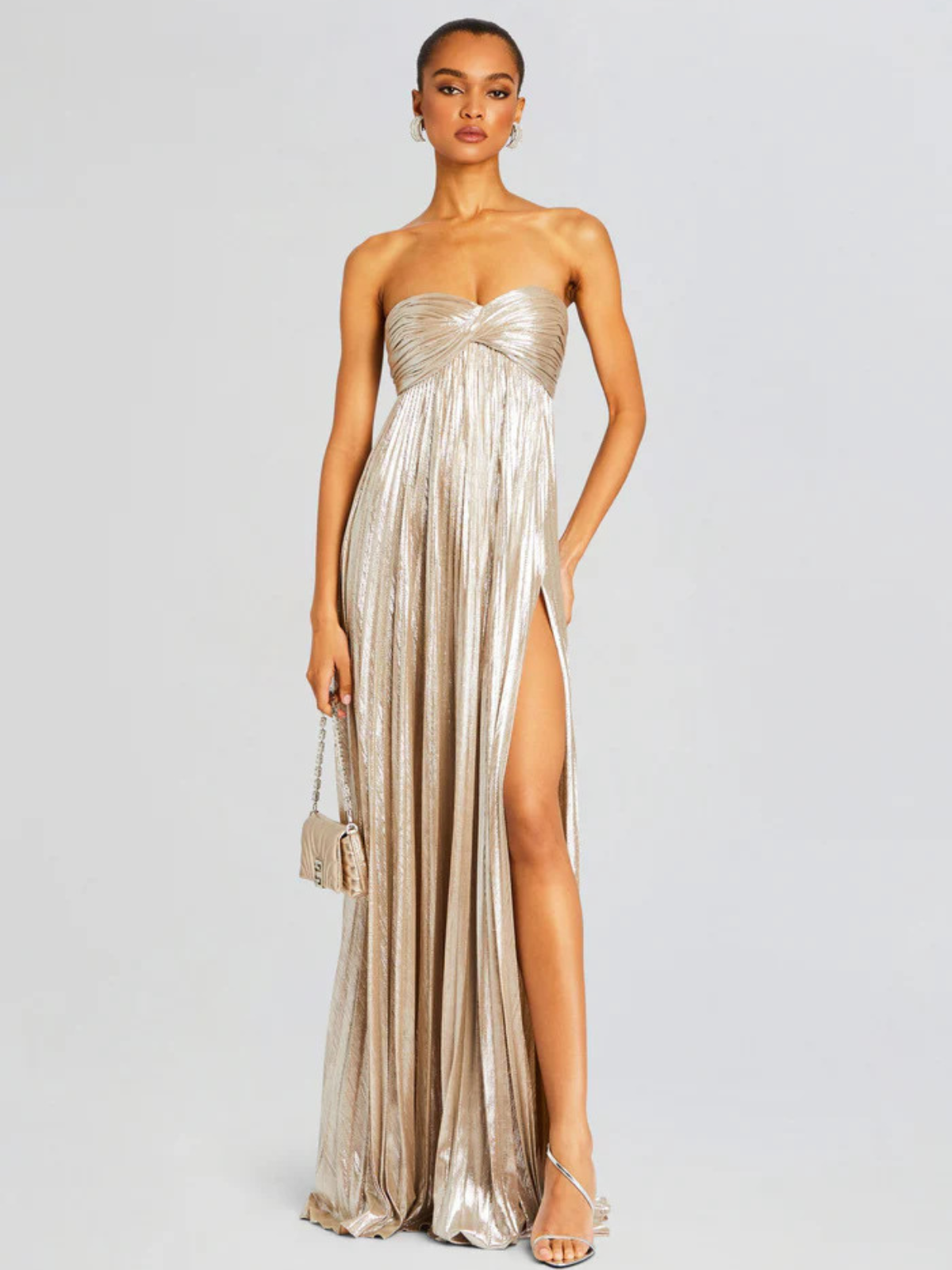Damen Abendkleid lang Plissee Metallisch Bustier Schlitz