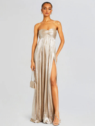 Damen Abendkleid lang Plissee Metallisch Bustier Schlitz