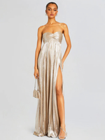 Damen Abendkleid lang Plissee Metallisch Bustier Schlitz