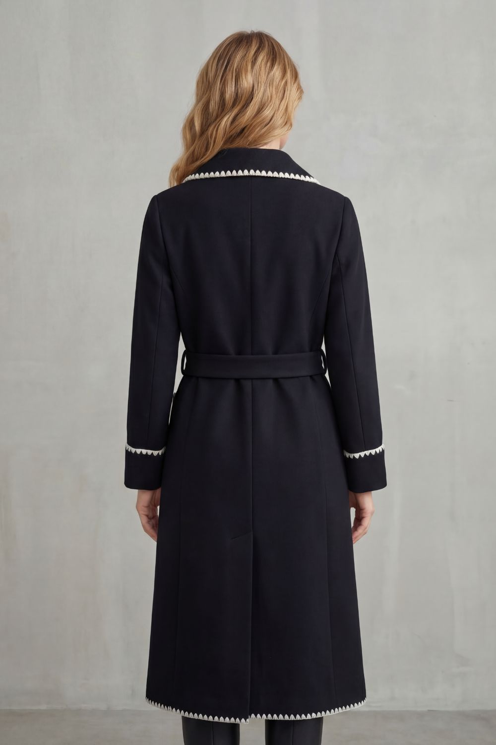 Damen Langmantel Gürtelmantel Longline Kontrastbesatz - Image 4