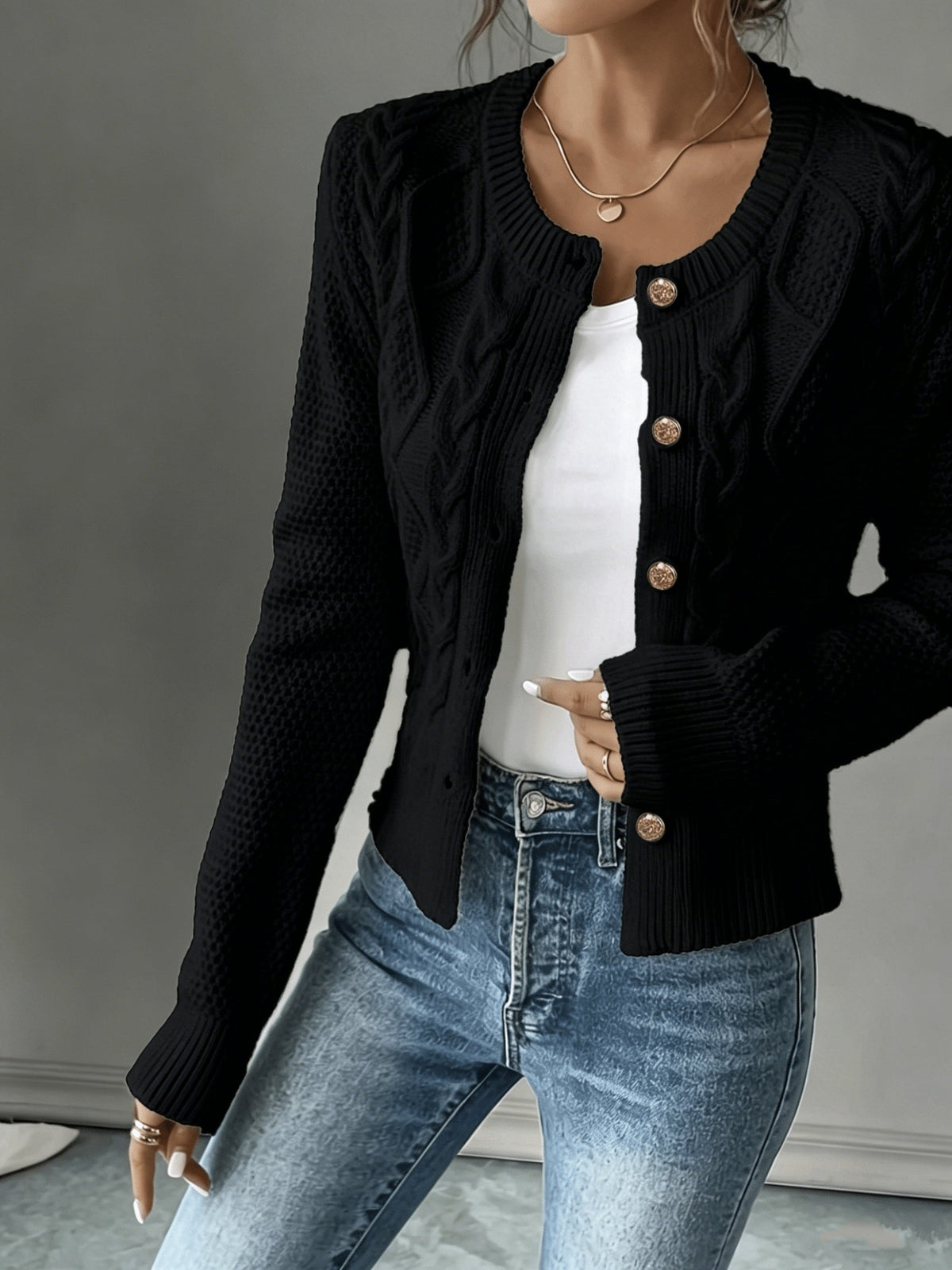 Damen Kabelstrick Strickjacke Knöpfe - Image 4