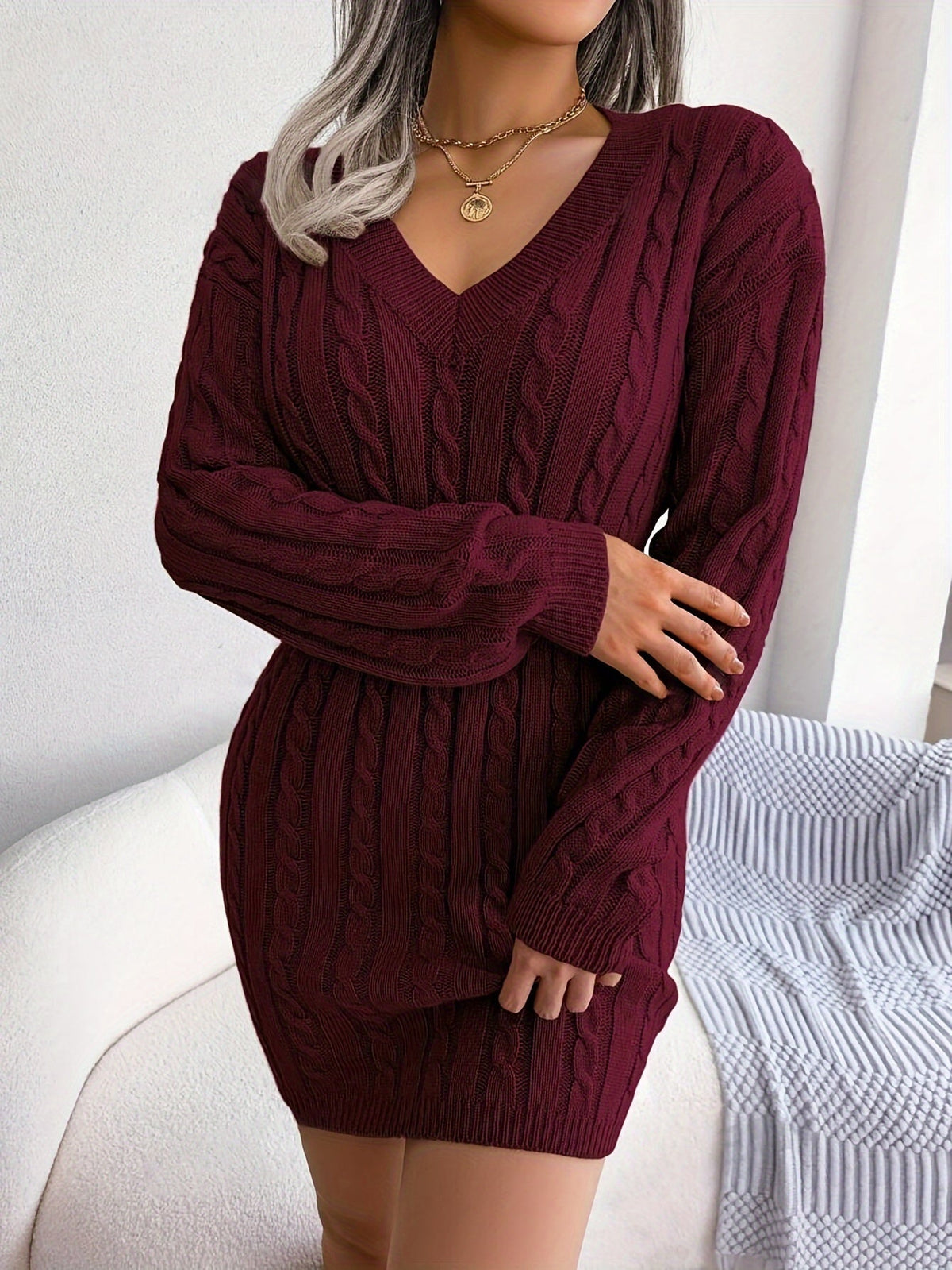 Damen Cable-Knit Strickkleid Tailliert - Image 3