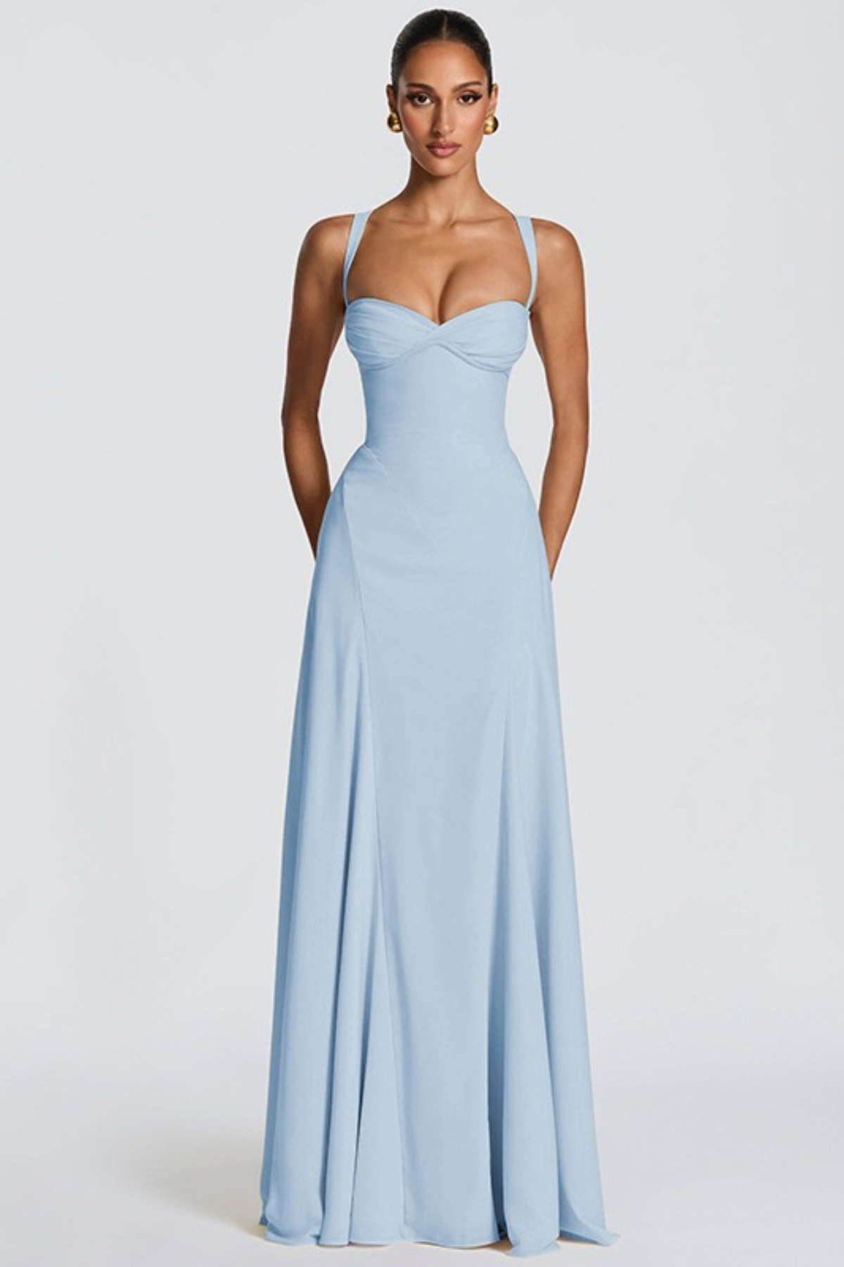 Damen Maxikleid Herz-Ausschnitt Crêpe Georgette festlich