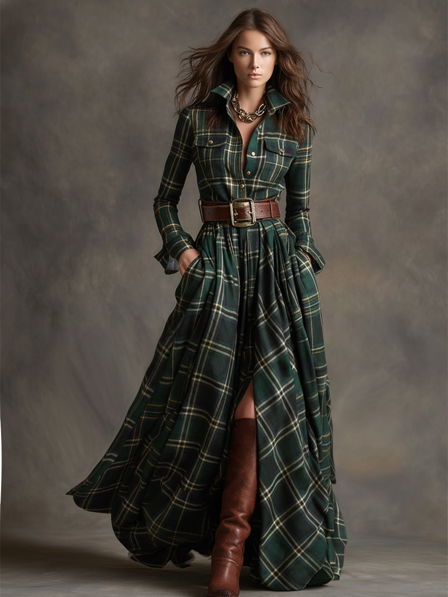 Damen Kariert Maxi Kleid Retro Ethno Stil - Image 9