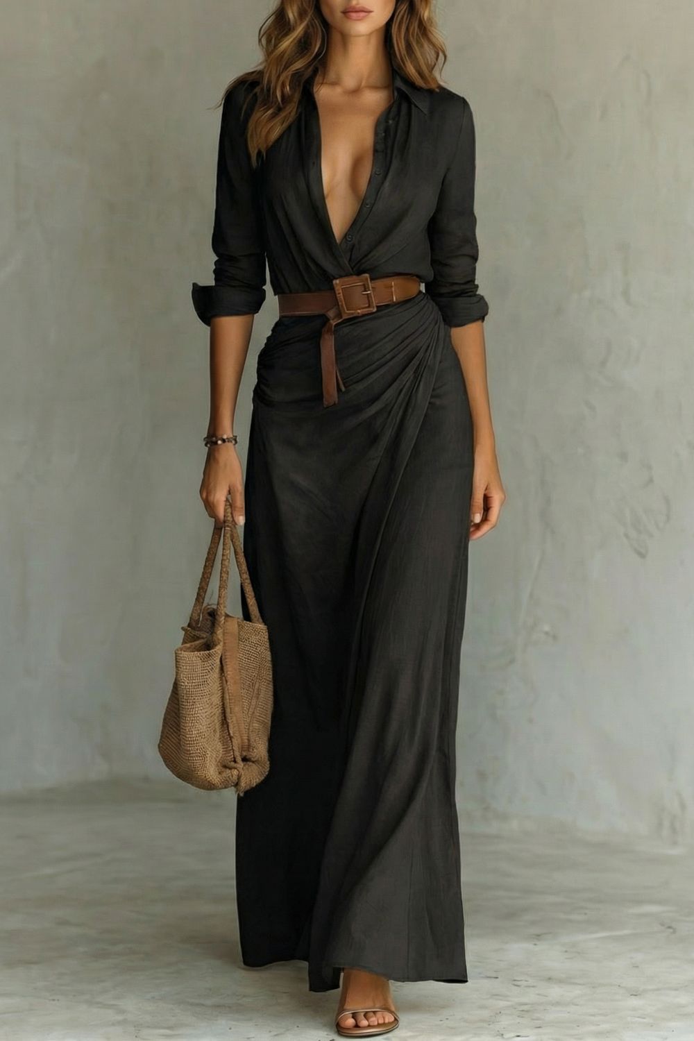 Damen Maxikleid mit Knopfleiste Wickelkleid lang Gürtel - Image 5