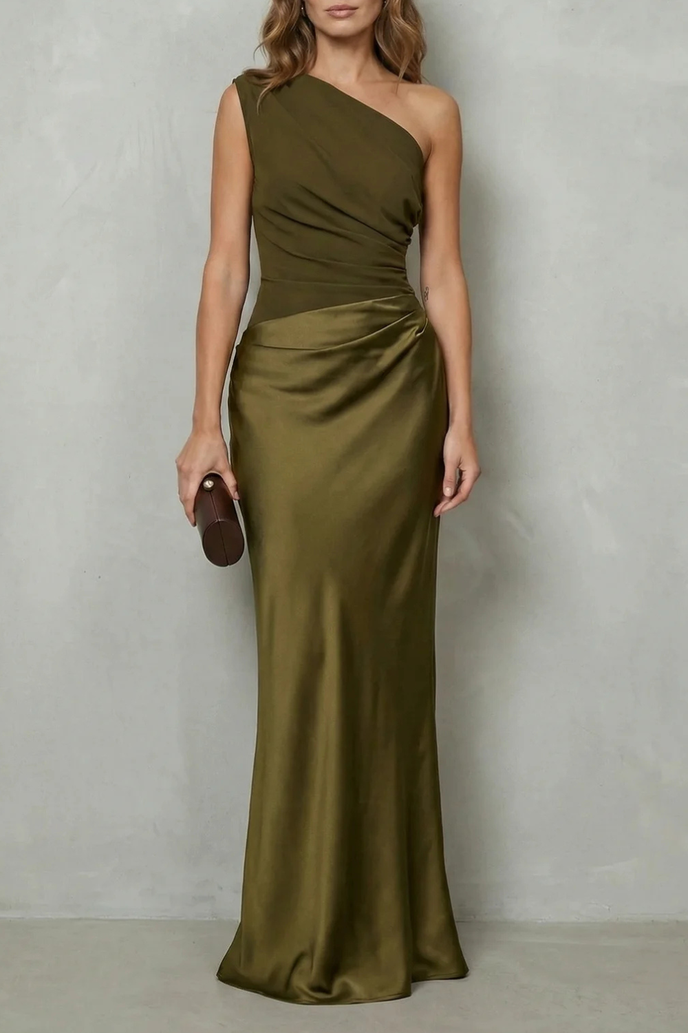 Damen Satin Abendkleid Asymmetrisch One-Shoulder Maxi Lang - Image 5