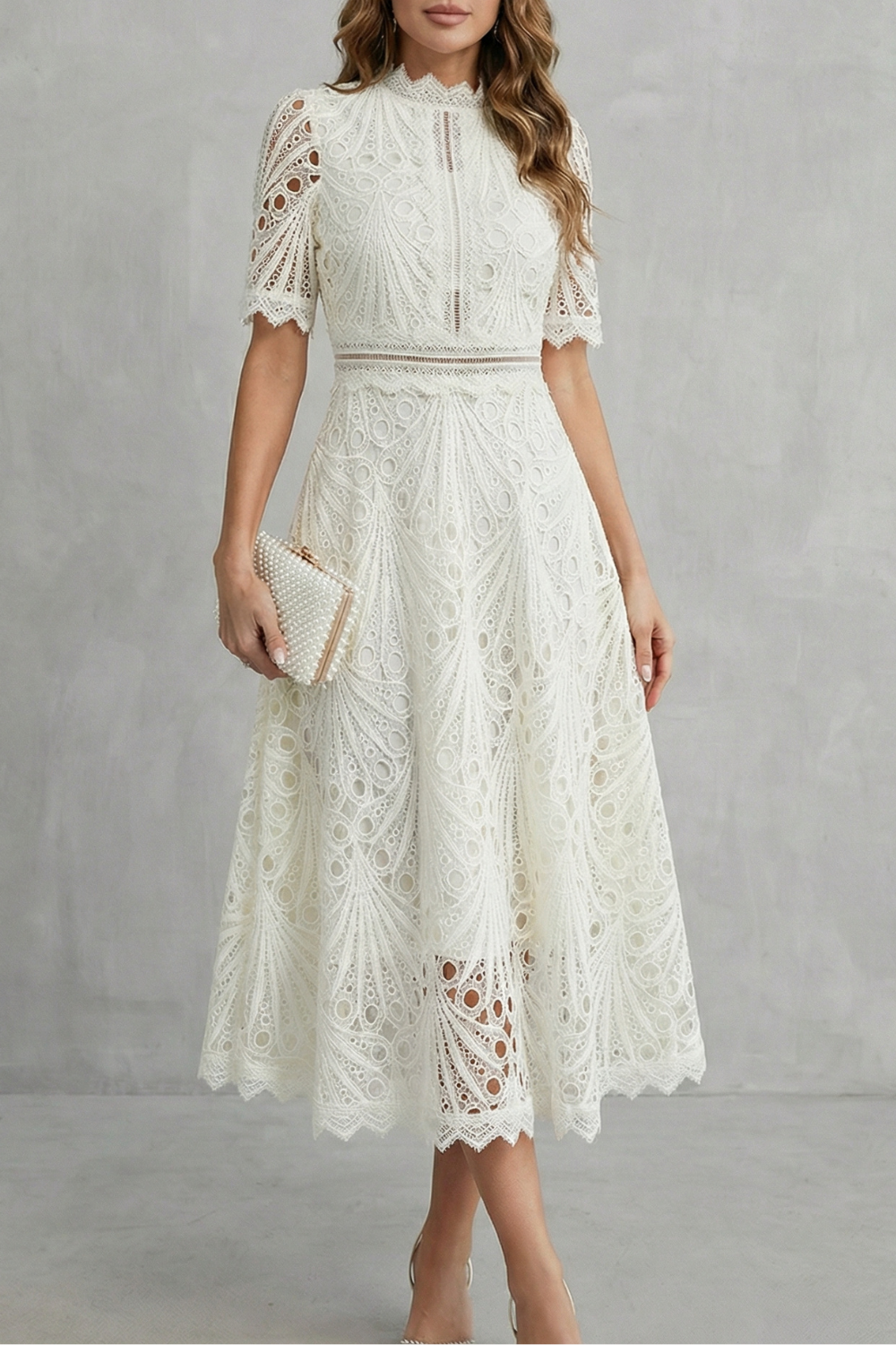 Damen Spitzen Midikleid Hochgeschlossen - Image 5
