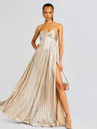 Damen Abendkleid lang Plissee Metallisch Bustier Schlitz - Image 2