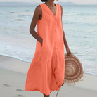 Damen Sommerkleid V-Ausschnitt Midi ärmellos Knopfleiste - Image 5