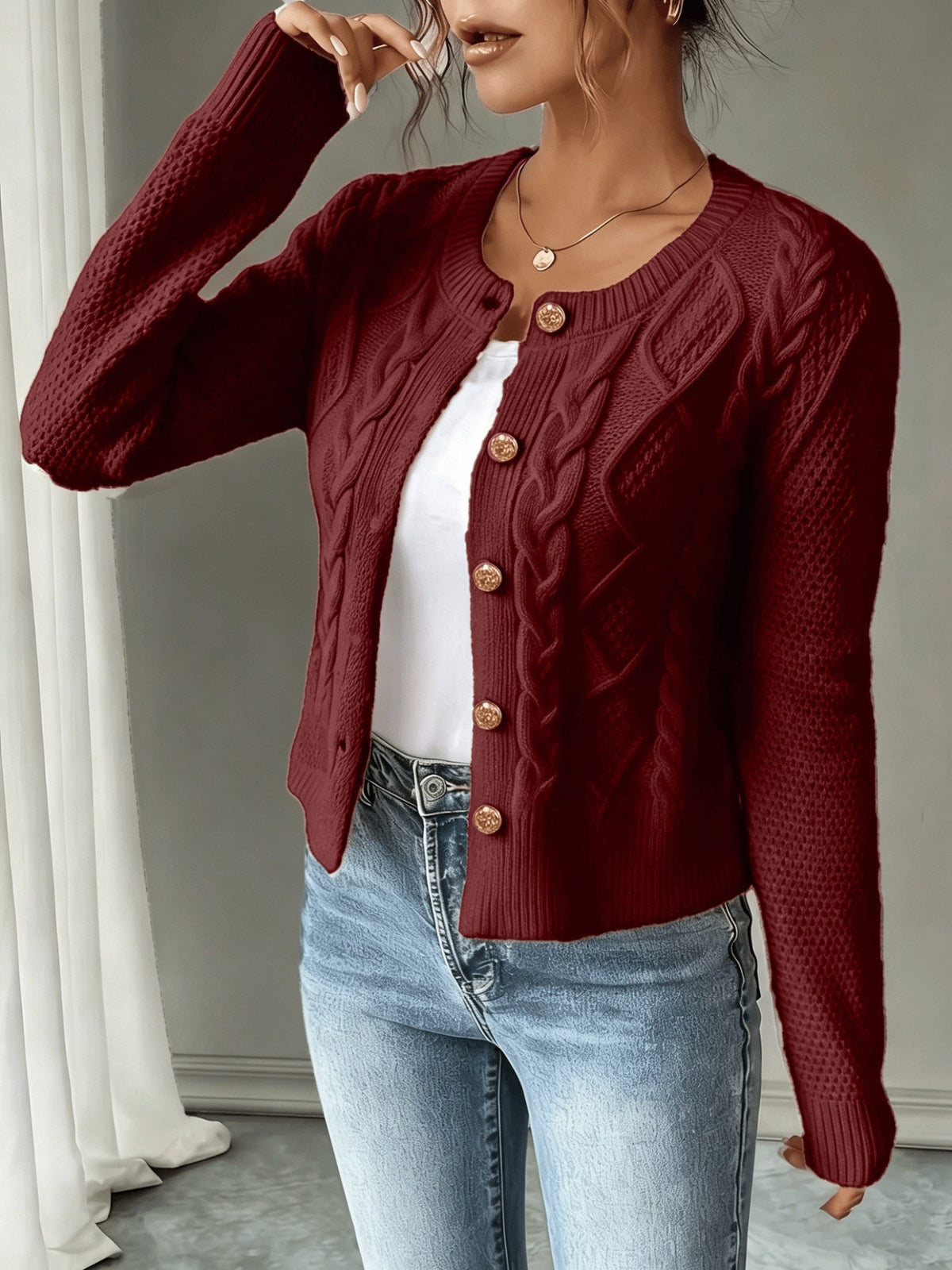 Damen Kabelstrick Strickjacke Knöpfe - Image 9