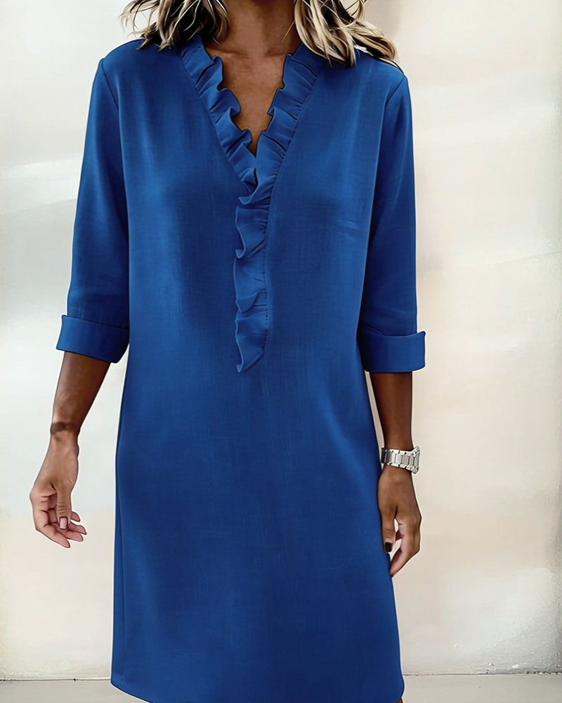 Damen Baumwoll-Leinen Kleid V-Ausschnitt Volants - Image 20