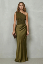 Damen Satin Abendkleid Asymmetrisch One-Shoulder Maxi Lang - Image 6
