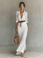 Kristel - Vestido maxi con cuello de solapa y mangas largas