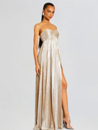 Damen Abendkleid lang Plissee Metallisch Bustier Schlitz - Image 3