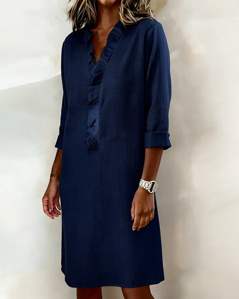 Damen Baumwoll-Leinen Kleid V-Ausschnitt Volants - Image 14