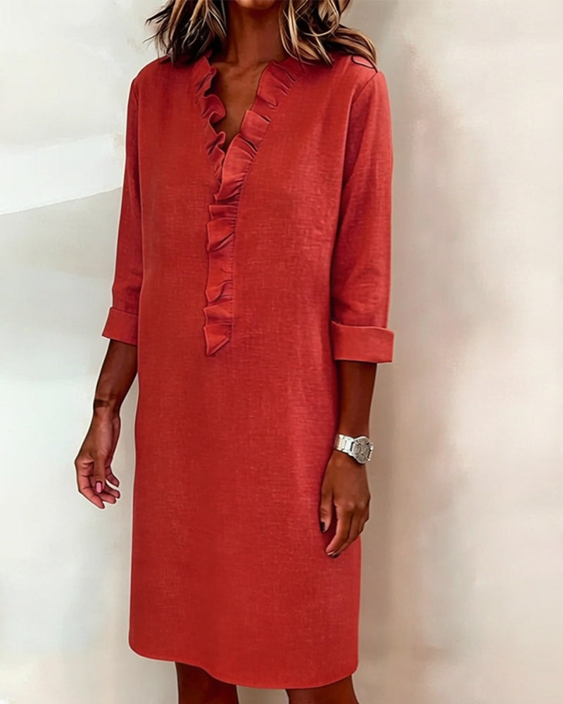 Damen Baumwoll-Leinen Kleid V-Ausschnitt Volants - Image 11