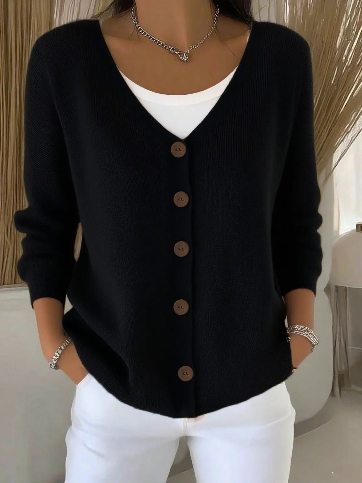 Damen Strick Cardigan V-Ausschnitt Knöpfe - Image 3