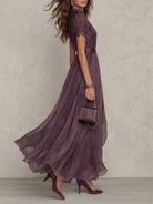 Damen Maxikleid Puffärmel Stehkragen Plissiert - Image 4