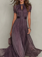 Damen Maxikleid Puffärmel Stehkragen Plissiert - Image 2