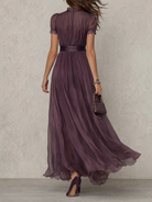 Damen Maxikleid Puffärmel Stehkragen Plissiert - Image 3