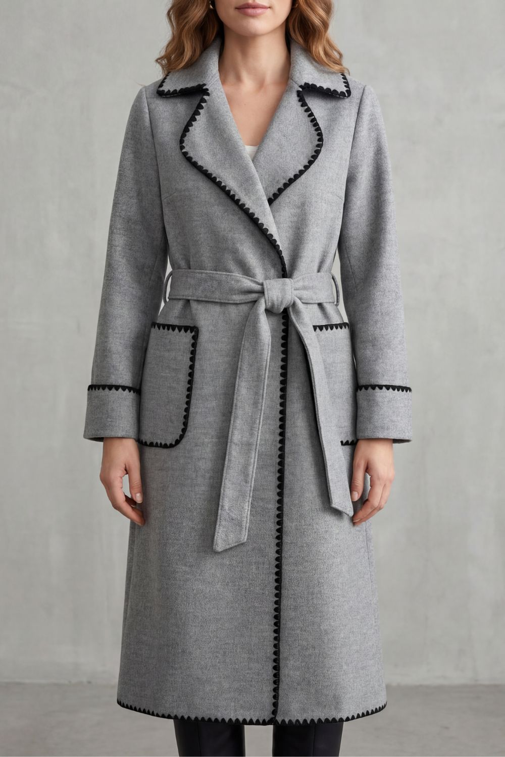Damen Langmantel Gürtelmantel Longline Kontrastbesatz - Image 6