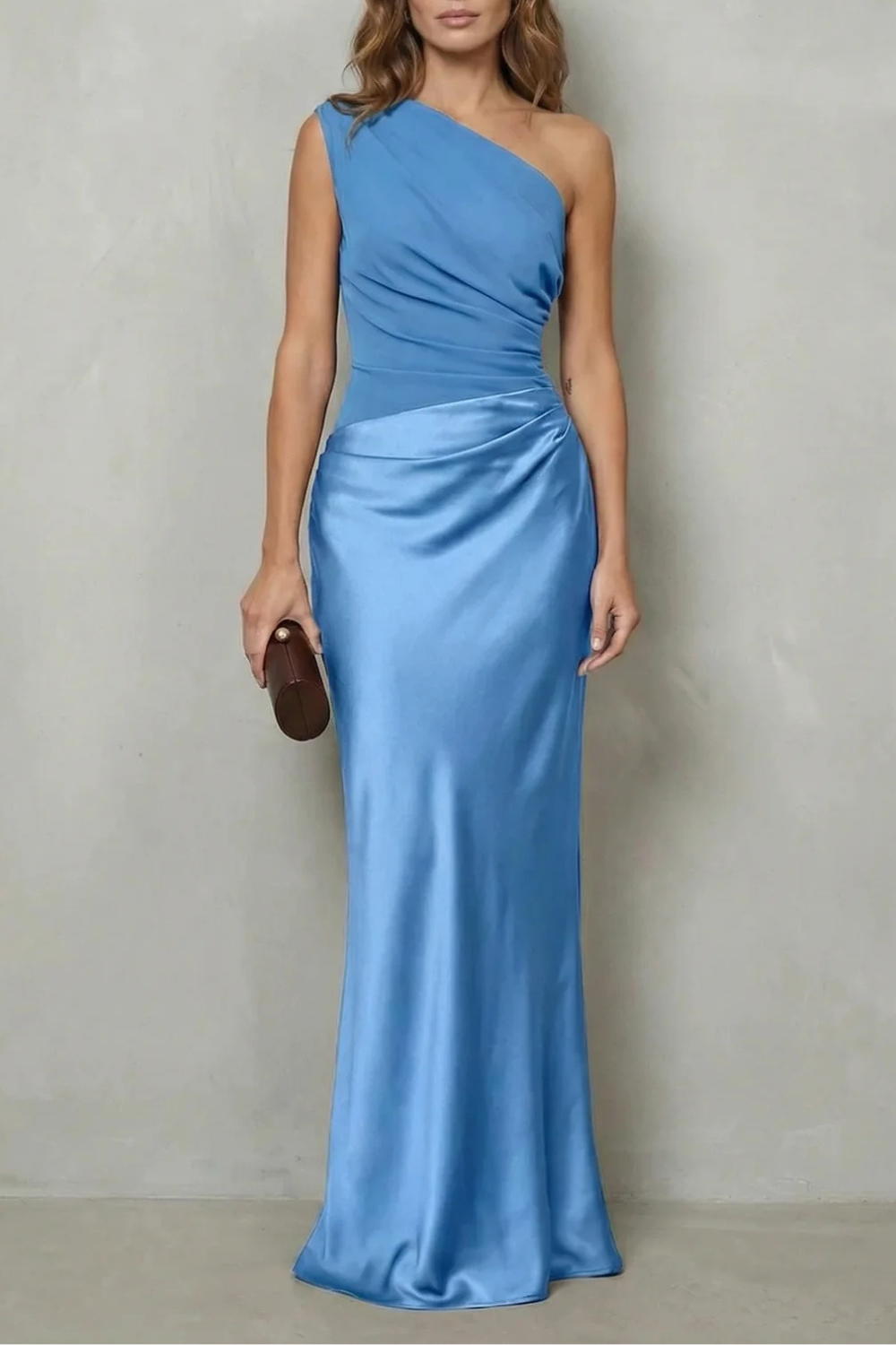 Damen Satin Abendkleid Asymmetrisch One-Shoulder Maxi Lang - Image 7