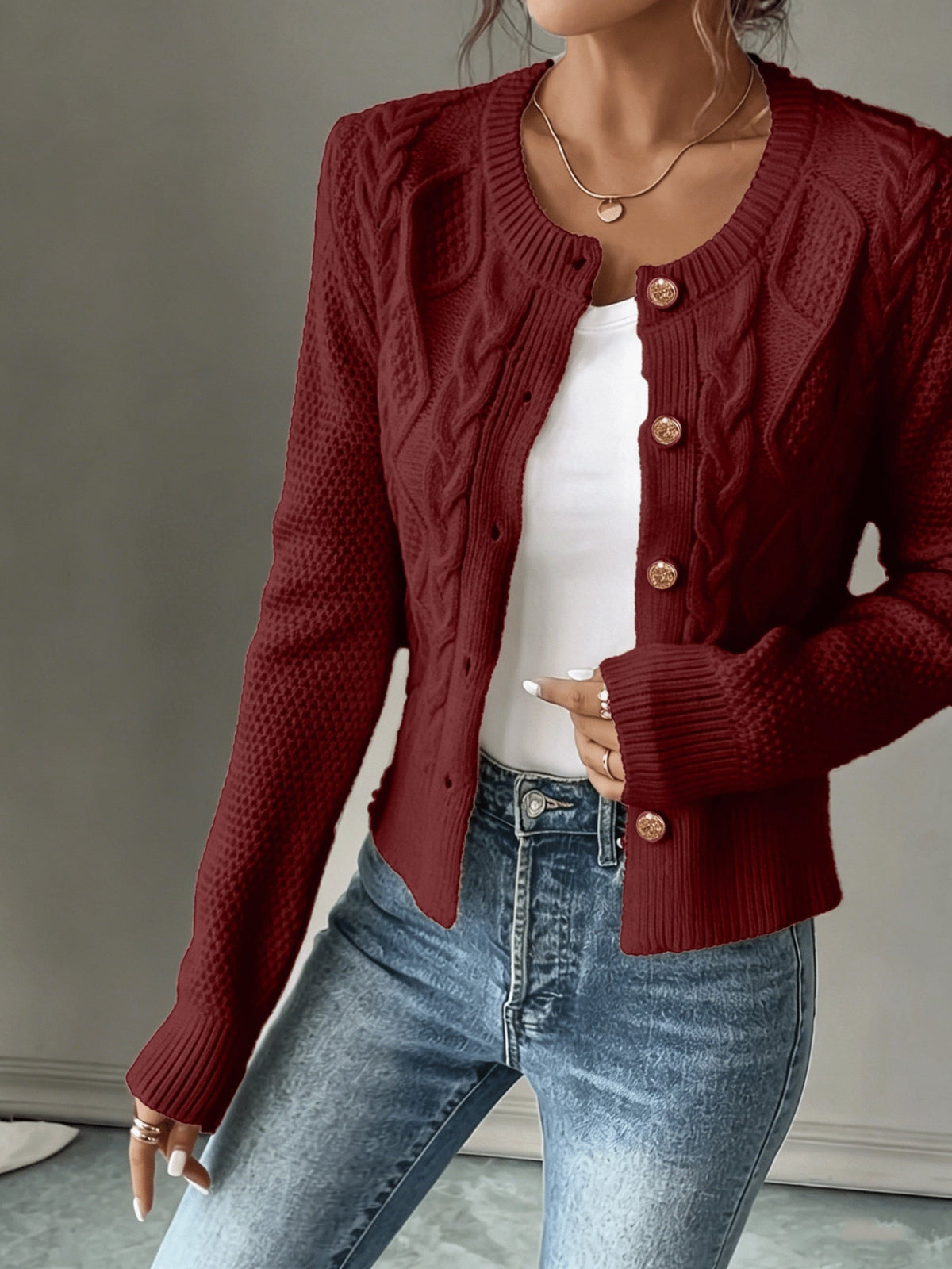 Damen Kabelstrick Strickjacke Knöpfe - Image 10