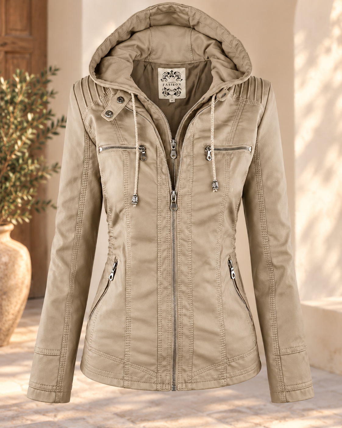Damen Kunstlederjacke Kapuze Lederoptik - Image 7