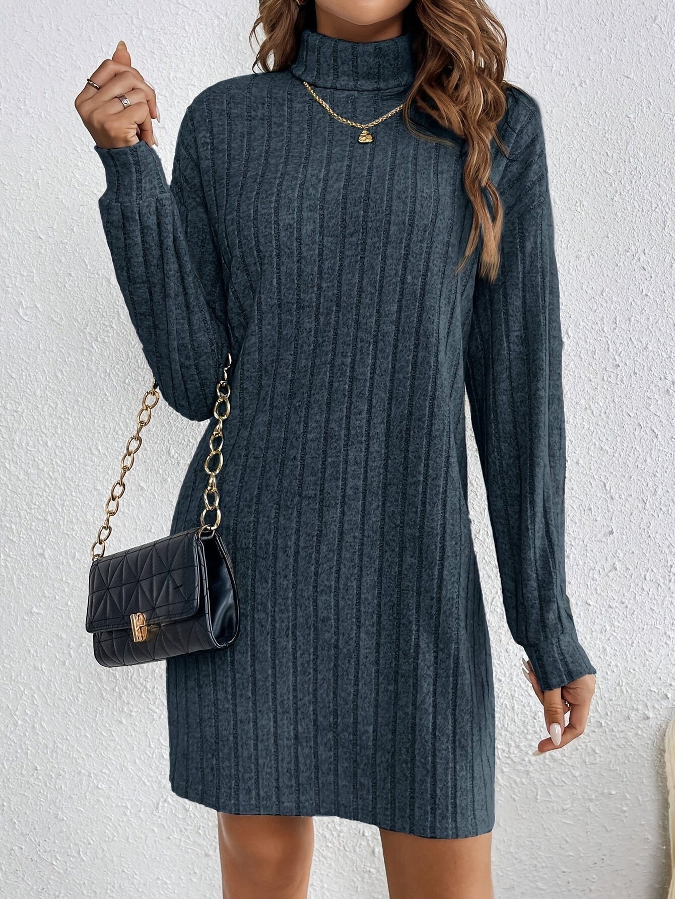Damen Strickkleid gerippt Pulloverkleid Midi Langarm Winter - Image 17
