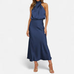 Zia - Abito maxi donna drappeggiato senza maniche con collo halter