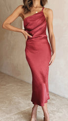 Damen Satin One-Shoulder Midikleid Drapiert - Image 5