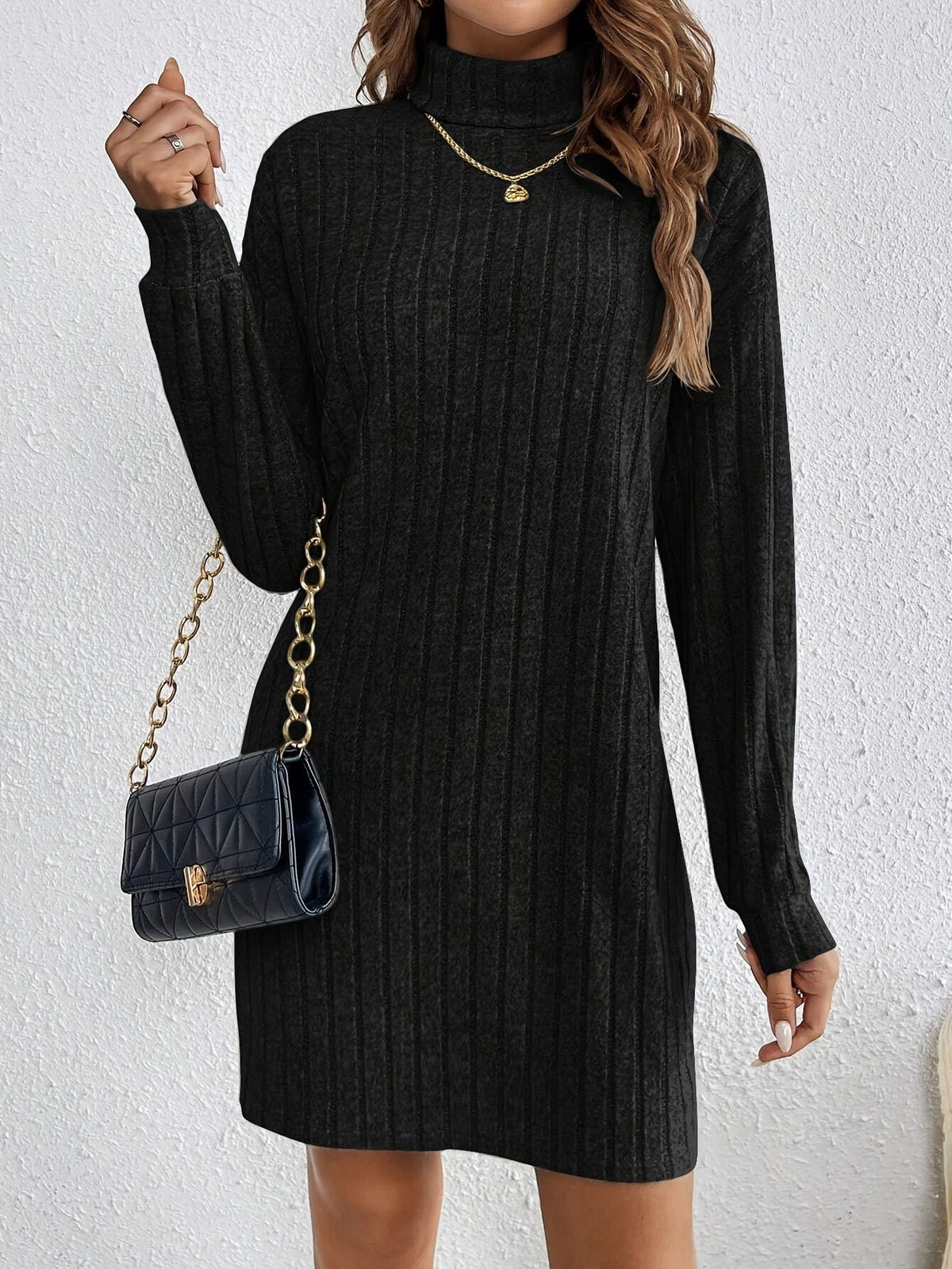 Damen Strickkleid gerippt Pulloverkleid Midi Langarm Winter - Image 11