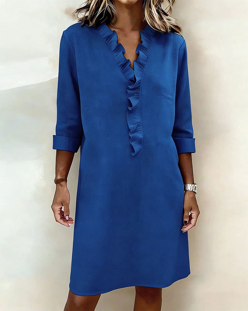 Damen Baumwoll-Leinen Kleid V-Ausschnitt Volants - Image 5
