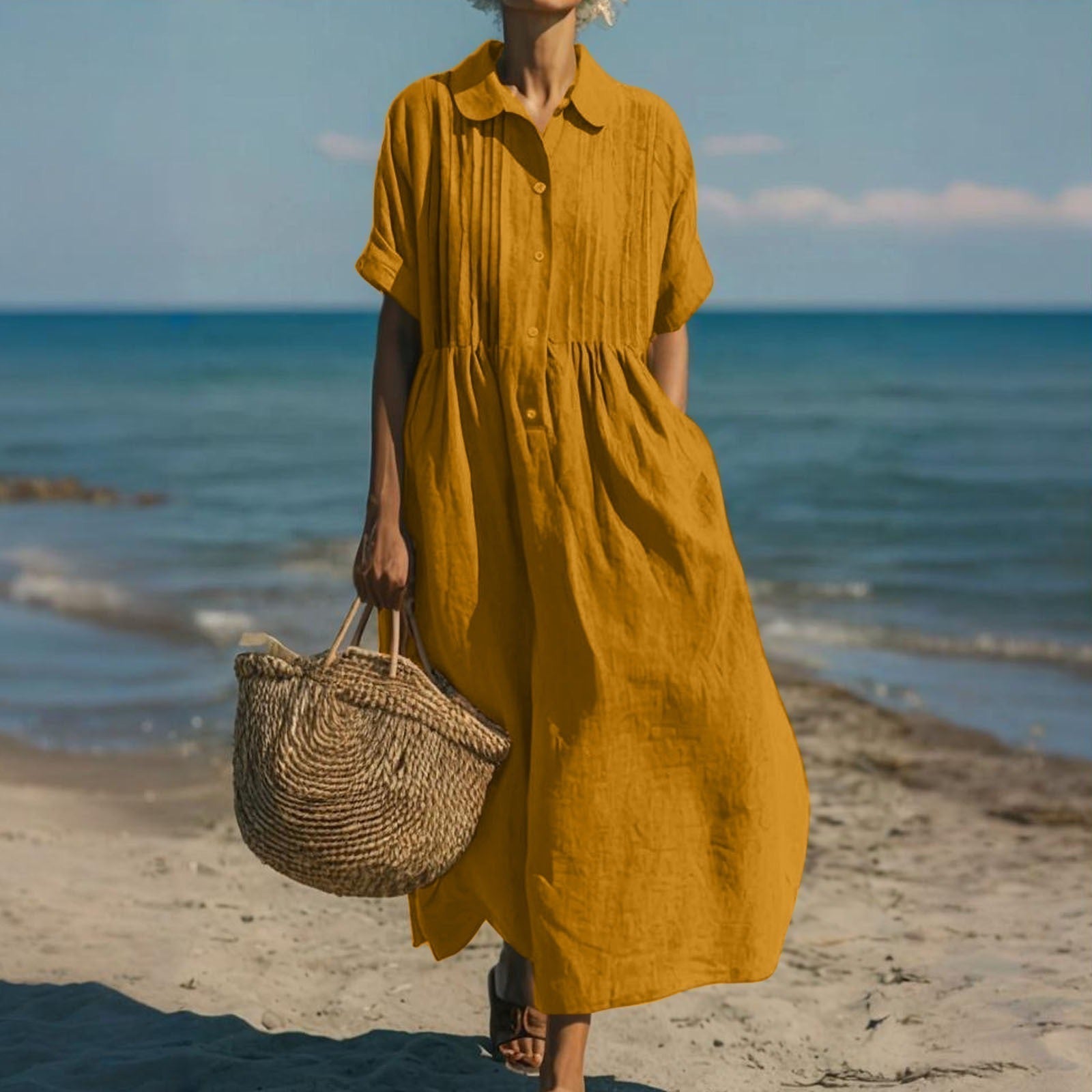 Damen Leinen Midi Kleid Elegant - Image 6