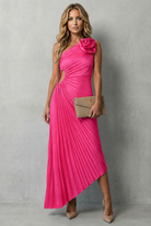 Damen One Shoulder Plissee Maxikleid Blumendetail - Image 8