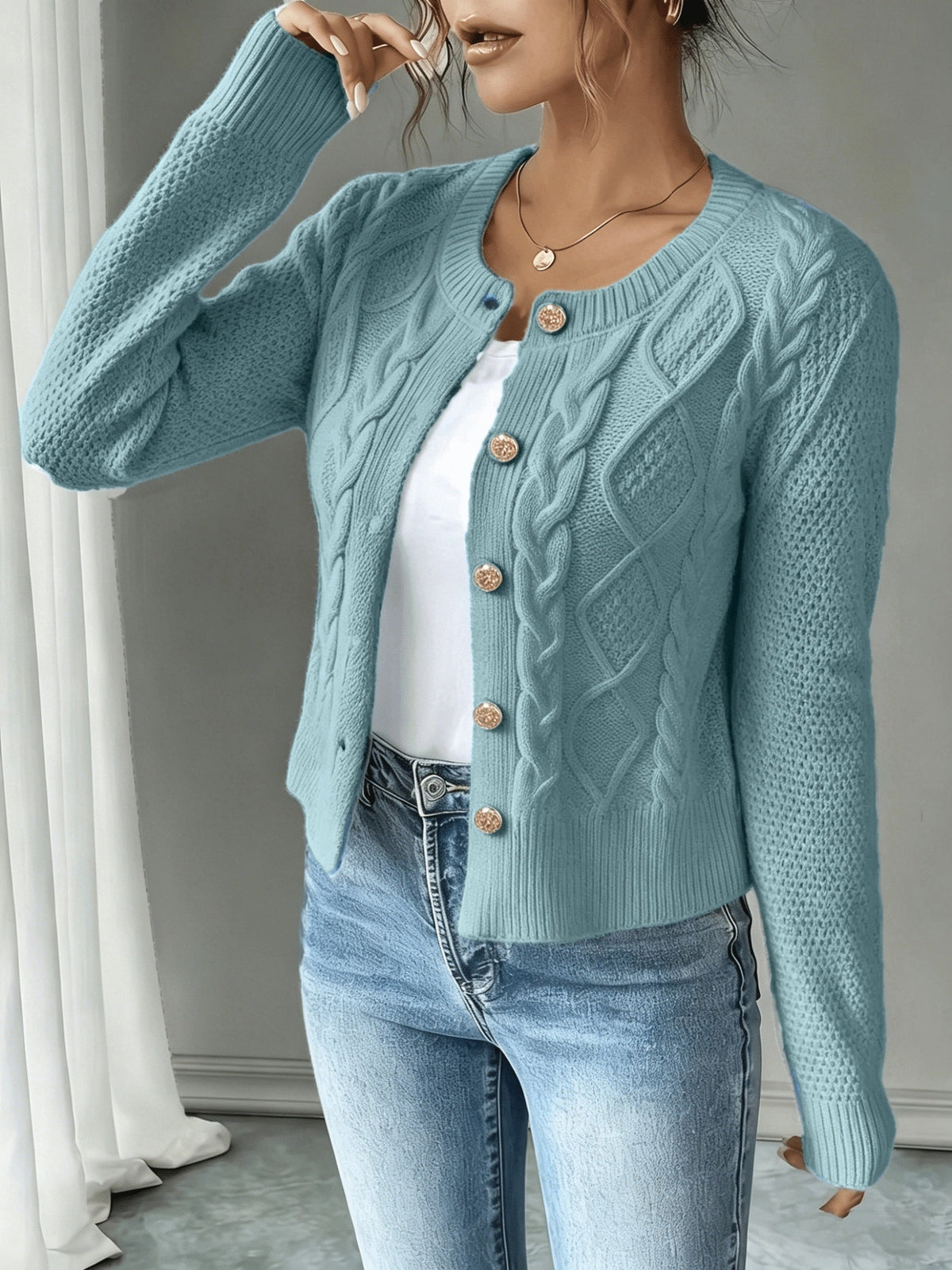 Damen Kabelstrick Strickjacke Knöpfe - Image 15
