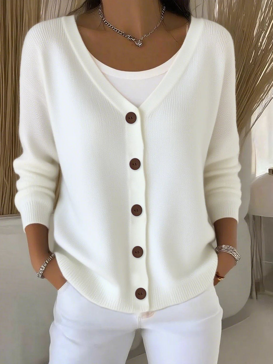 Damen Strick Cardigan V-Ausschnitt Knöpfe - Image 4