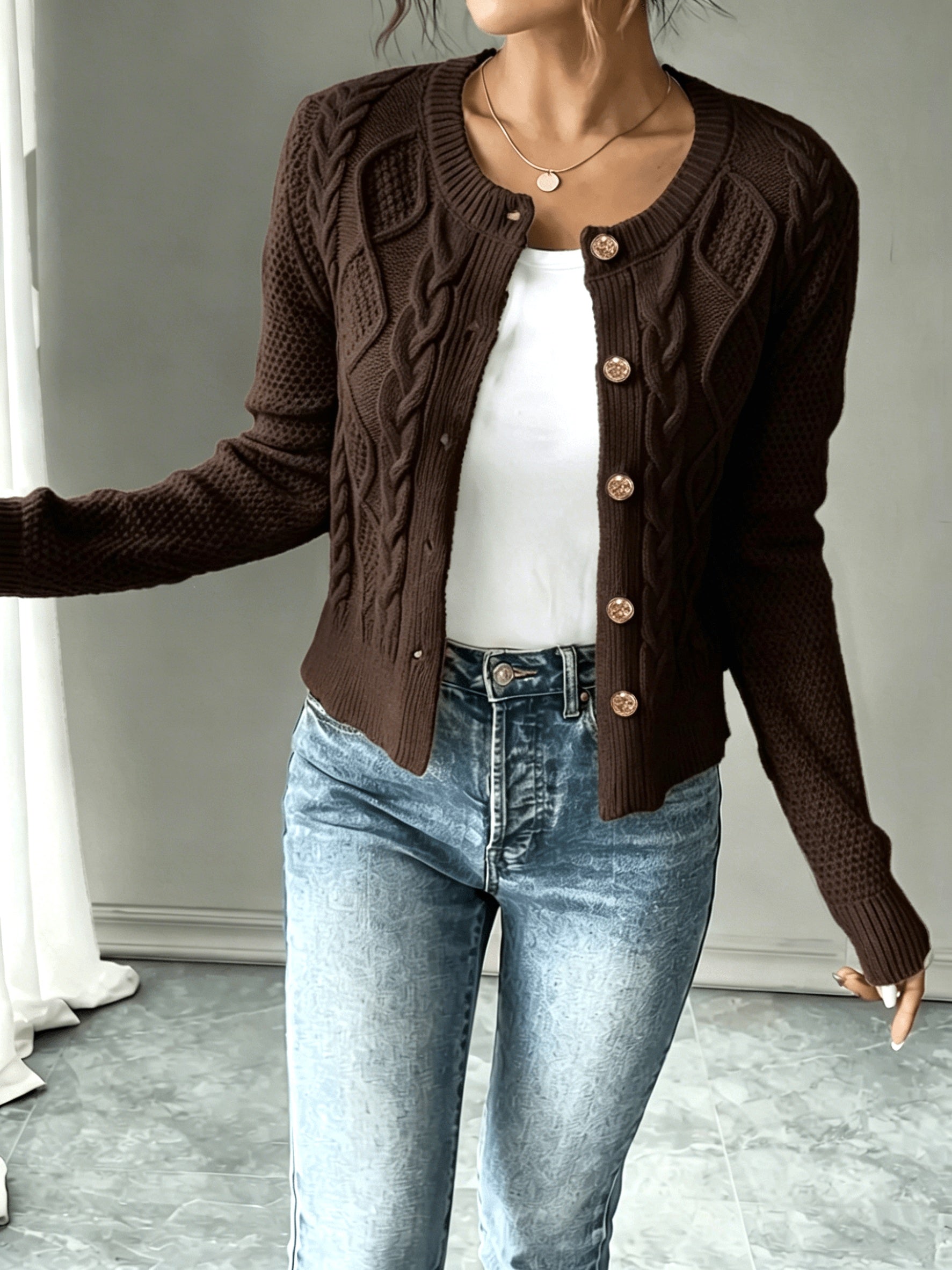 Damen Kabelstrick Strickjacke Knöpfe - Image 19